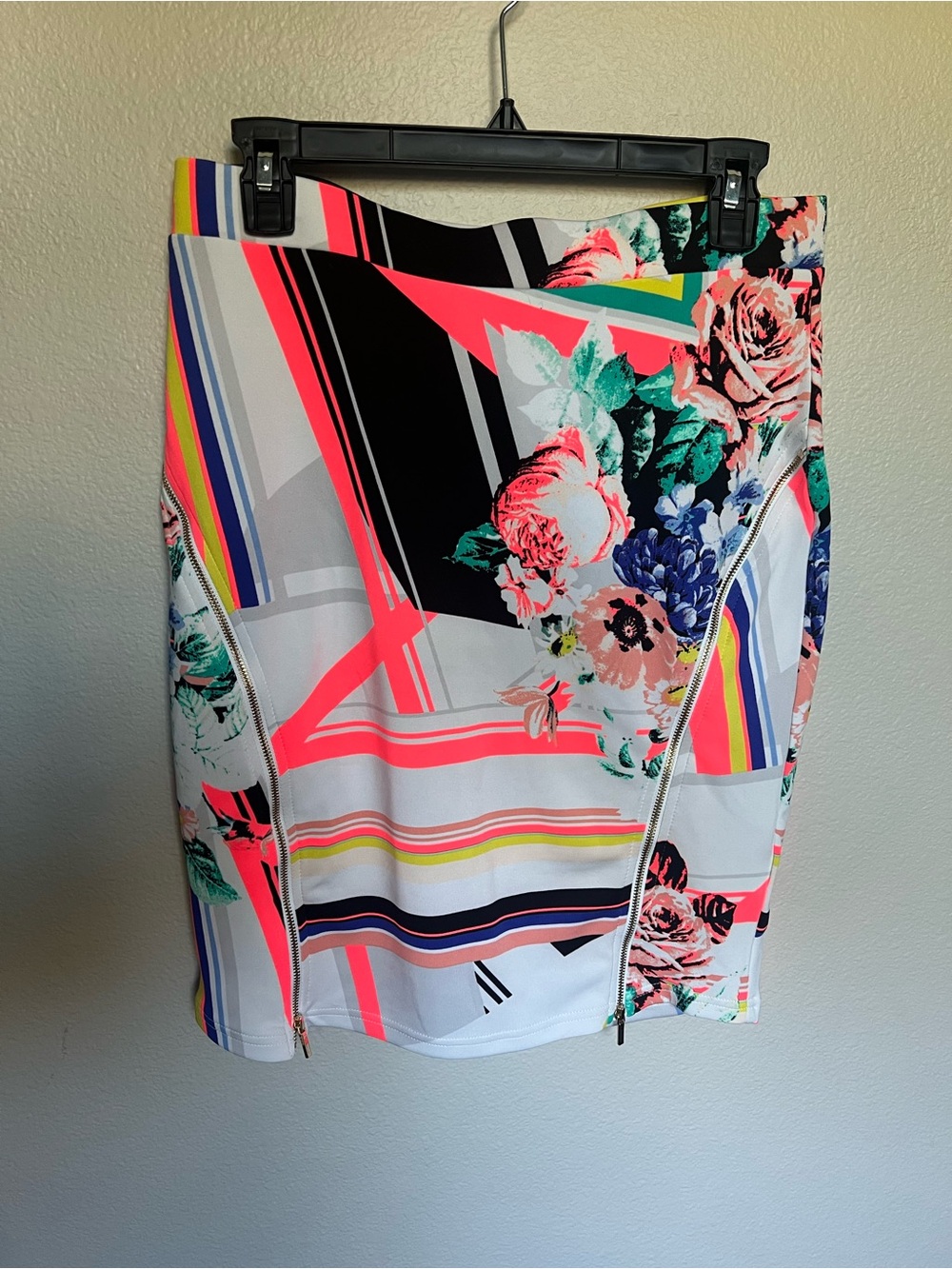 bebe Roslyn Neon Floral & Stripe Pencil Skirt